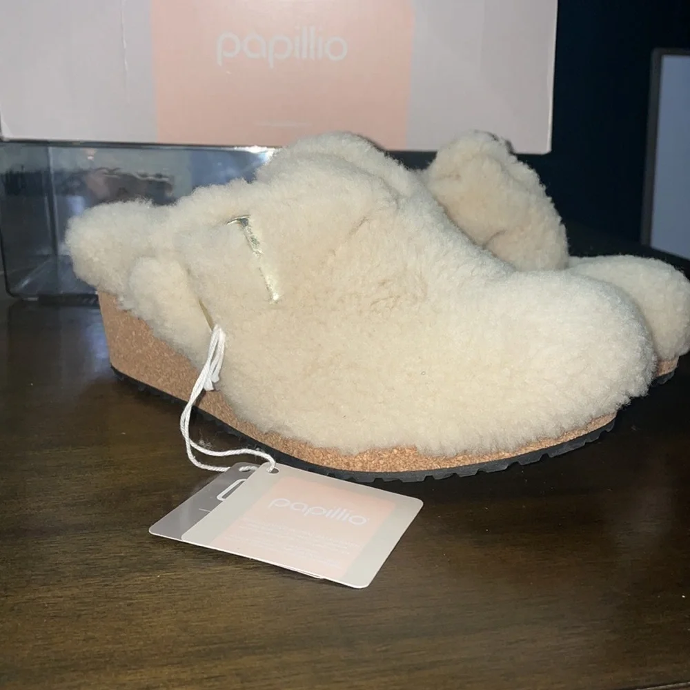 NWB Birkenstock Papillio Fanny Teddy Shearling Wedge clogs - Picture 2 of 8